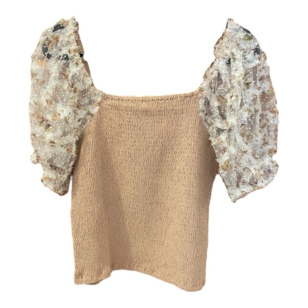 Jodifl Top, Size L, Tan Textured Stretch w/Frilled Transparent Puff Sleeves.